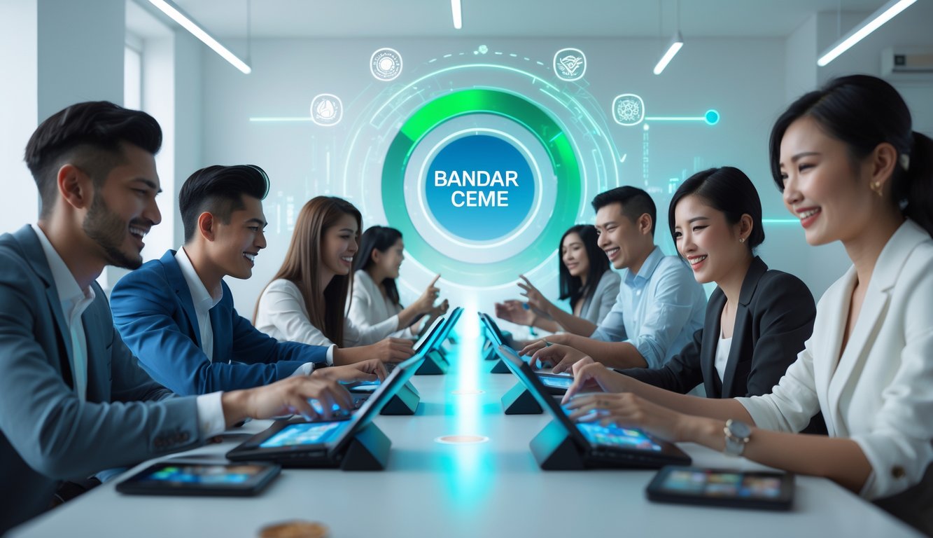 Sekelompok orang muda bermain game kartu Bandar Ceme secara online dengan suasana modern dan teknologi canggih.