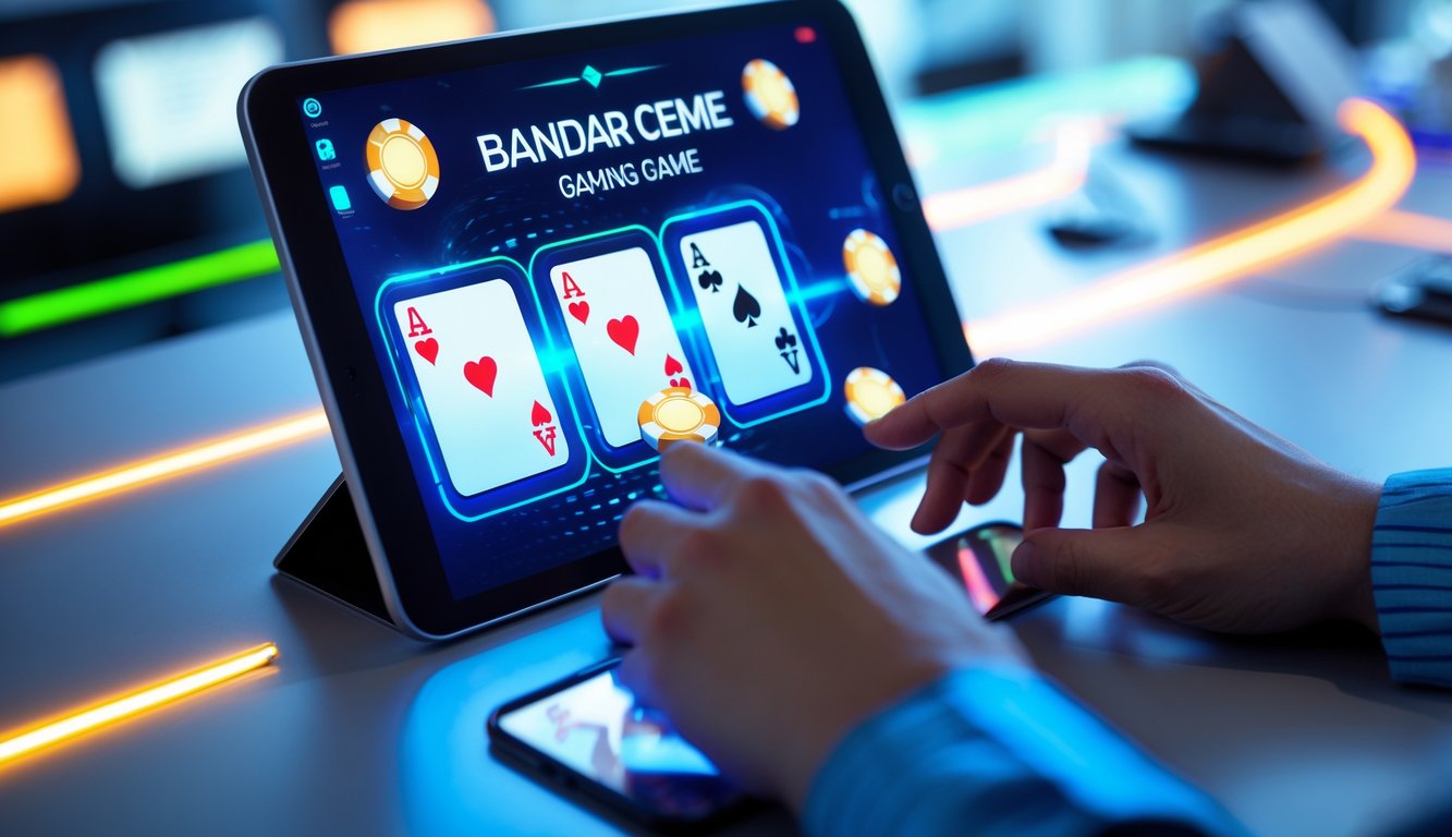 Tangan pemain yang menggunakan perangkat layar sentuh dengan kartu dan chip virtual dalam suasana permainan daring yang cepat dan stabil.