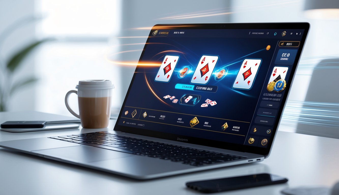 Seorang pemain sedang bermain permainan kartu Ceme di komputer dengan suasana yang bersih dan terang.