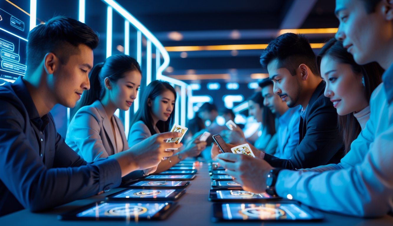 Beberapa orang bermain permainan kartu secara online dengan perangkat digital dalam suasana yang dinamis dan cepat.