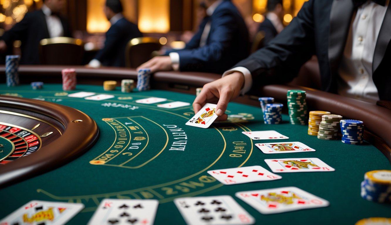 Meja blackjack klasik dengan kartu dan chip poker di kasino, dealer sedang membagikan kartu kepada pemain.