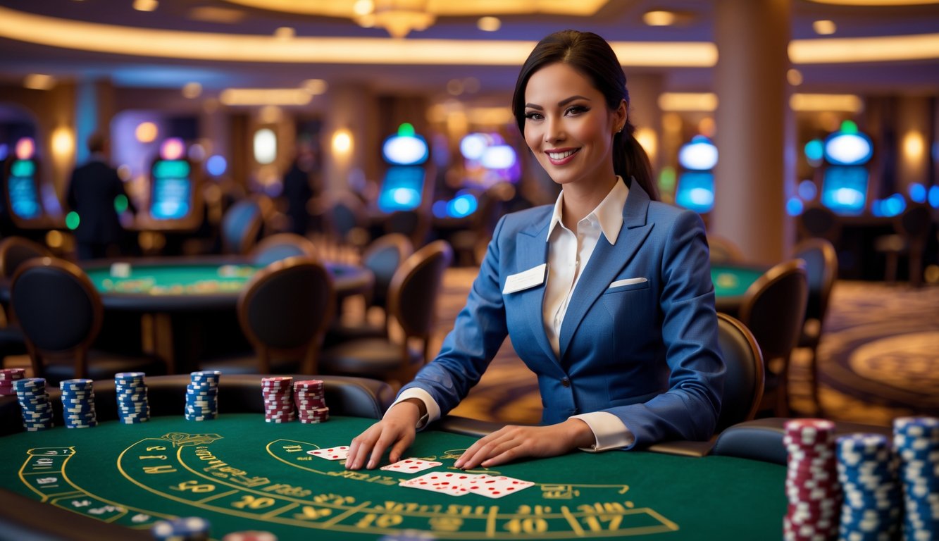 Seorang dealer profesional sedang membagikan kartu di meja blackjack dengan suasana kasino mewah di latar belakang.