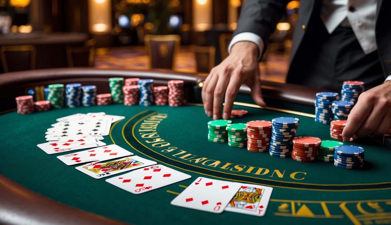 Meja blackjack klasik dengan kartu dan chip poker di kasino mewah.