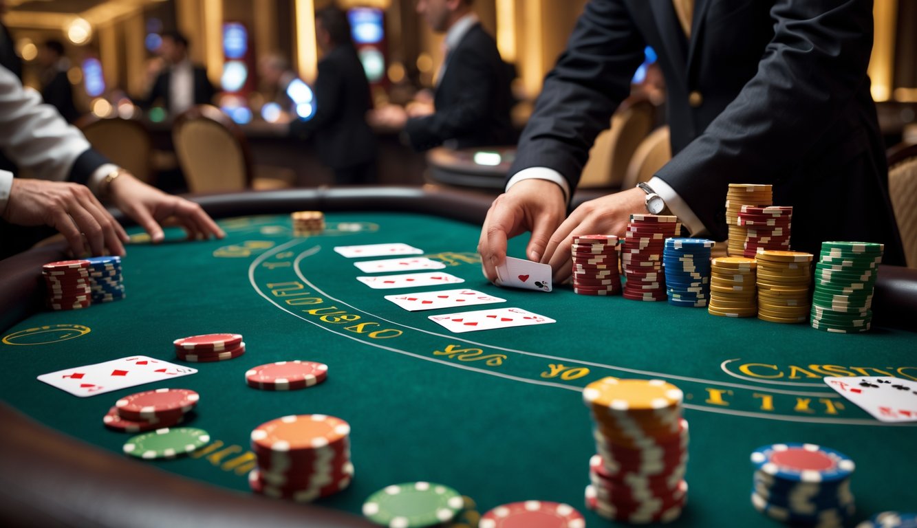 Meja blackjack klasik dengan kartu dan chip poker, dealer membagikan kartu kepada pemain di kasino.