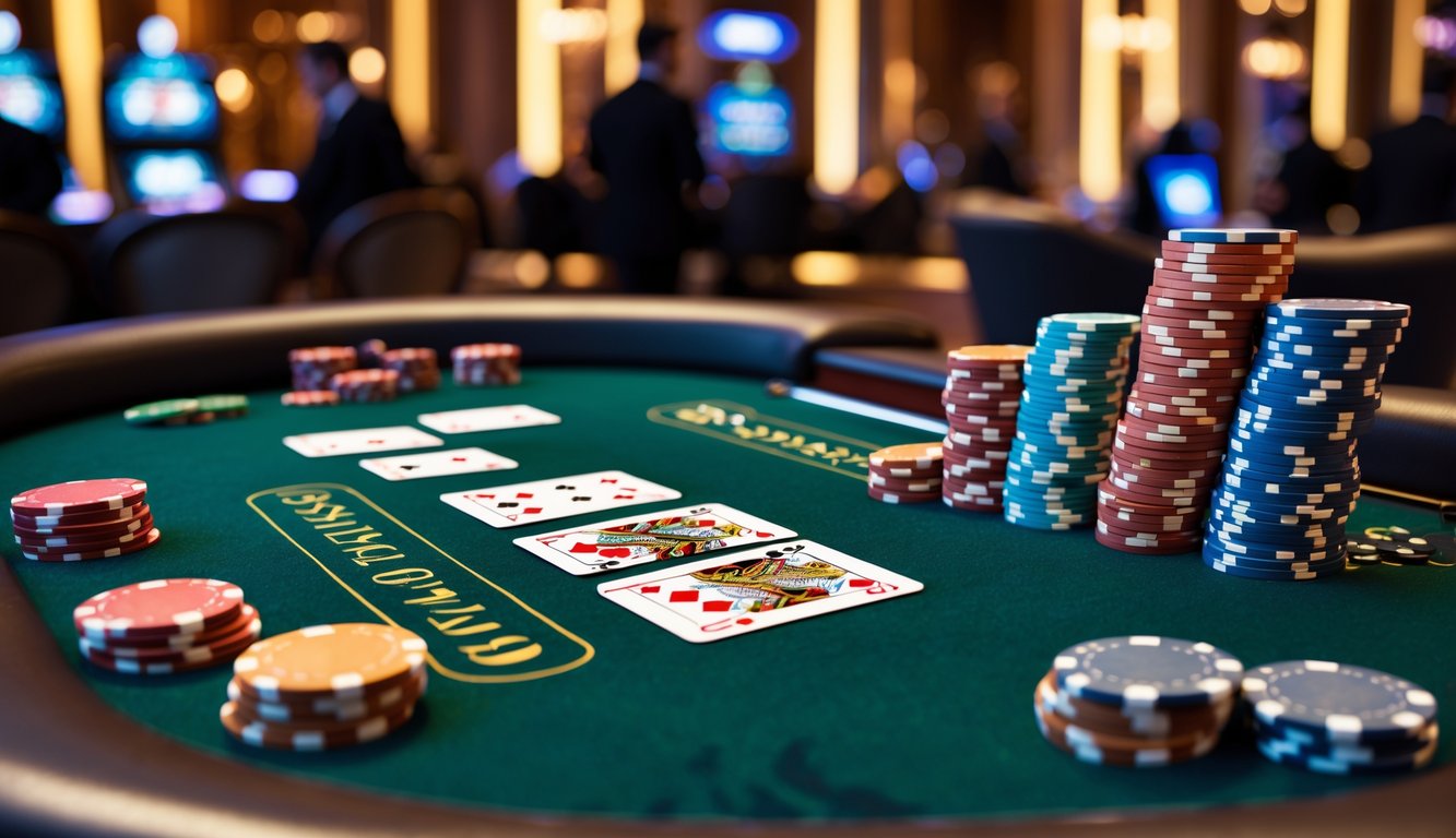Meja blackjack klasik dengan kartu dan chip poker di kasino yang mewah dan aman.