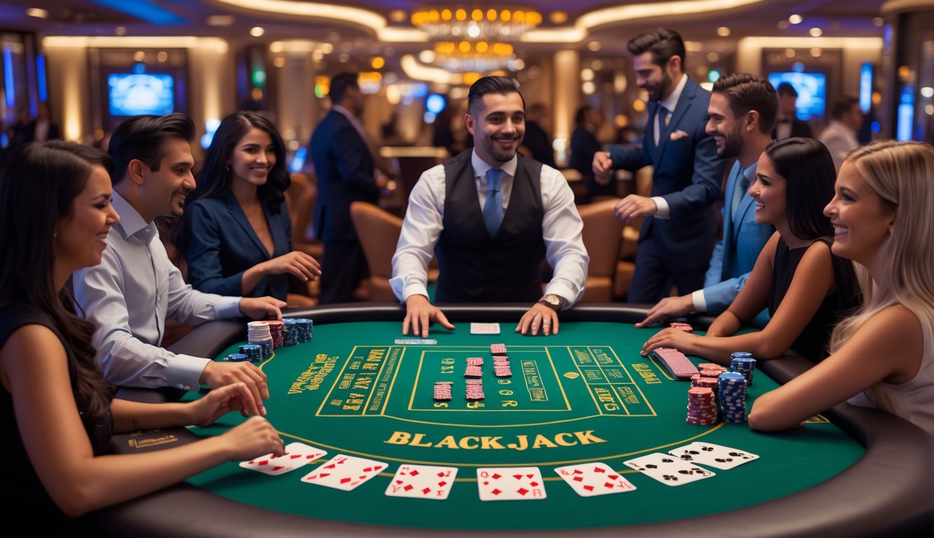 Meja blackjack klasik dengan pemain dan dealer di kasino yang mewah.