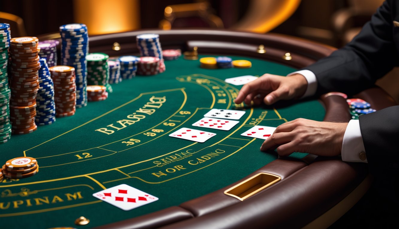 Meja blackjack klasik dengan kartu dan chip poker di kasino.