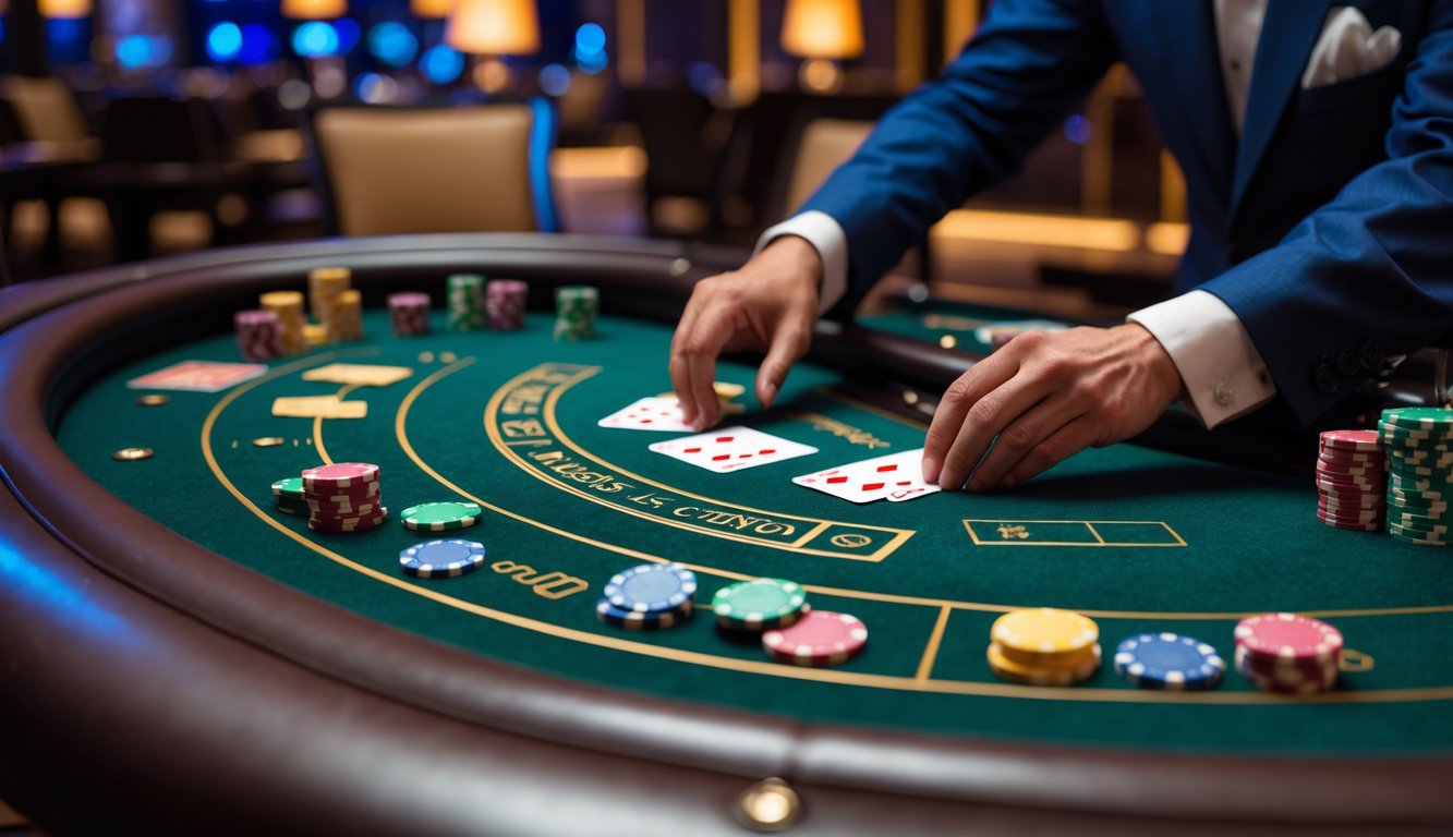 Meja blackjack klasik di kasino dengan kartu dan chip poker, dealer membagikan kartu kepada pemain.