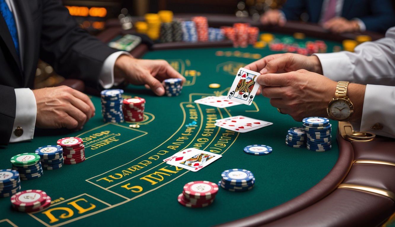 Meja blackjack klasik di kasino dengan pemain memegang kartu dan tumpukan chip taruhan.