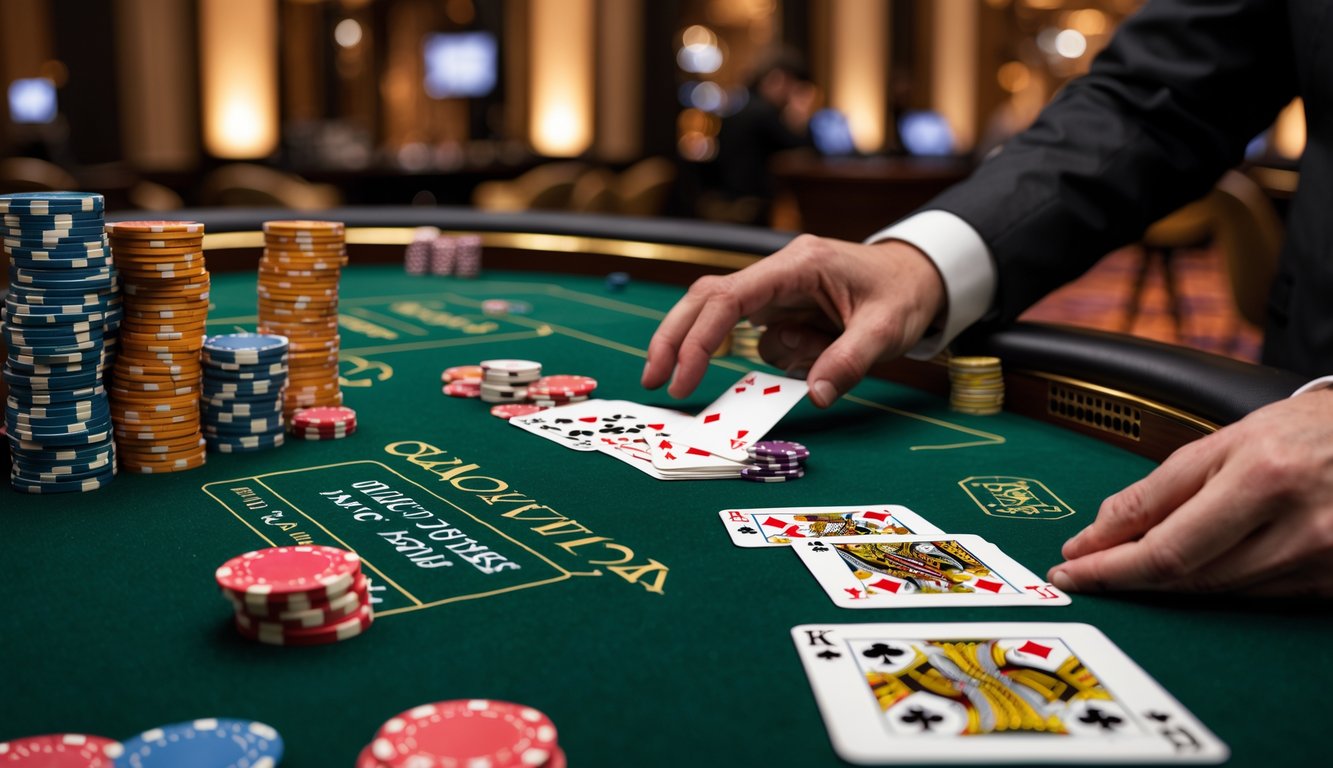 Meja blackjack klasik dengan kartu dan tumpukan chip poker di kasino mewah, dealer sedang membagikan kartu.