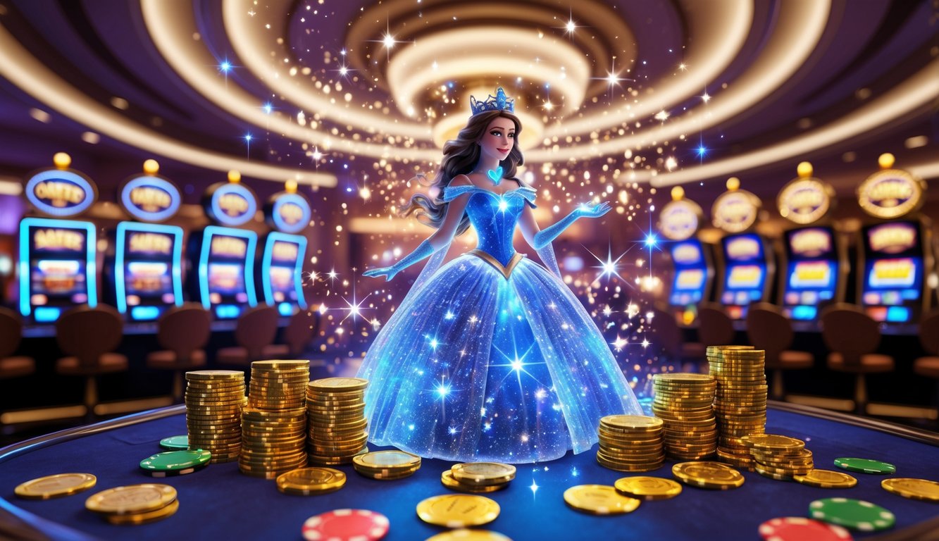Seorang putri bercahaya di tengah suasana kasino dengan koin emas dan mesin slot jackpot besar di sekitarnya.