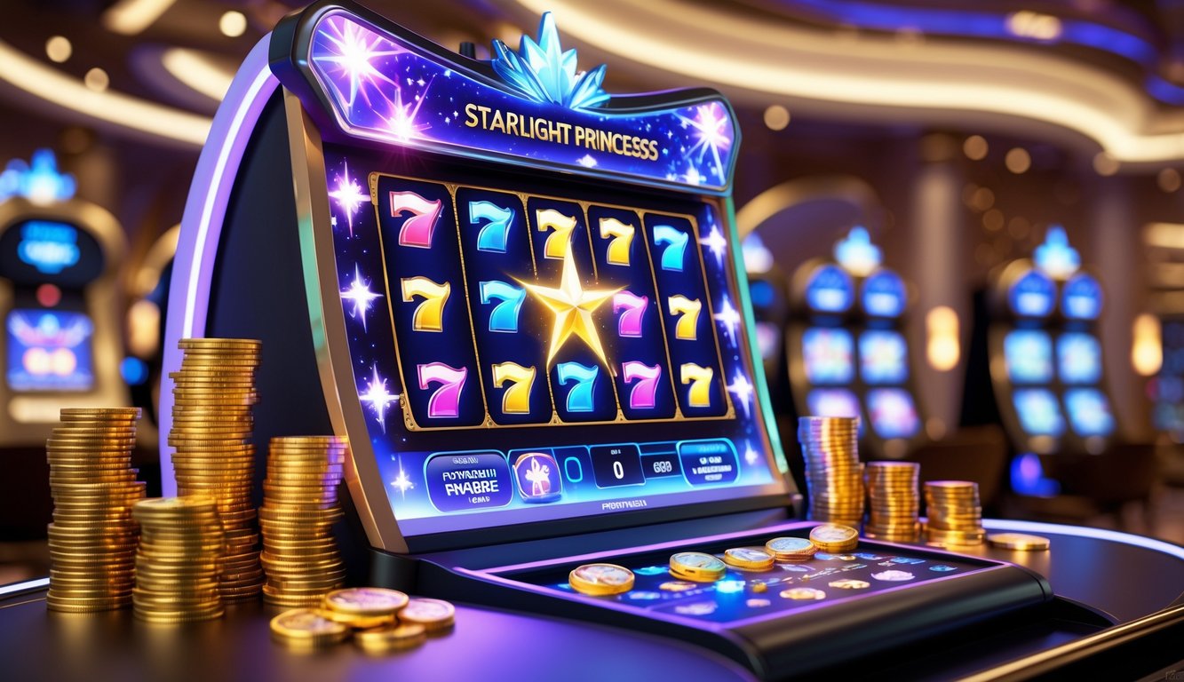 Mesin slot digital bertema putri bintang dengan cahaya berwarna-warni dan koin berserakan di latar kasino mewah.