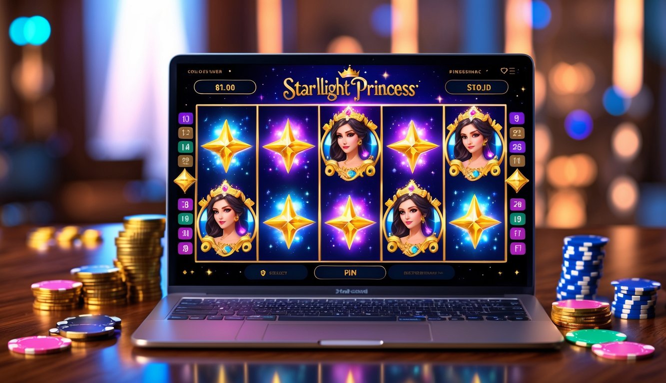 Layar komputer menampilkan permainan slot bertema putri dengan dekorasi kasino di sekitar meja kayu.