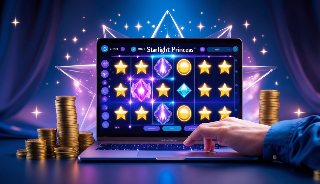 Sebuah tampilan komputer dengan permainan slot online bertema putri bintang yang berwarna-warni dan elemen koin serta simbol keberhasilan di sekitarnya.