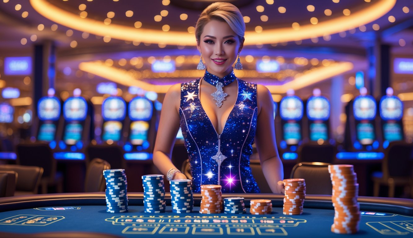 Seorang wanita dealer kasino berdiri di belakang meja permainan dengan lampu berwarna-warni dan tumpukan chip di sekitarnya.