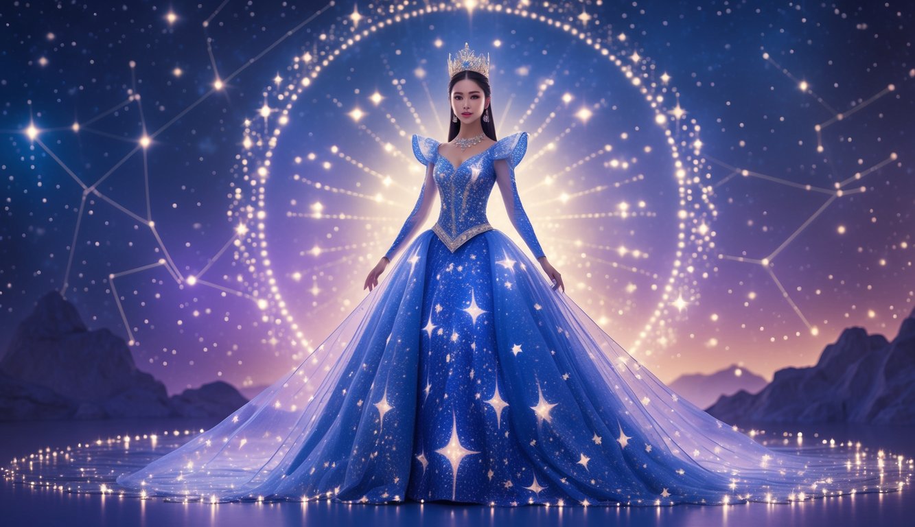Seorang putri bercahaya berdiri di tengah latar langit berbintang dengan gaun berhiaskan pola bintang yang indah.