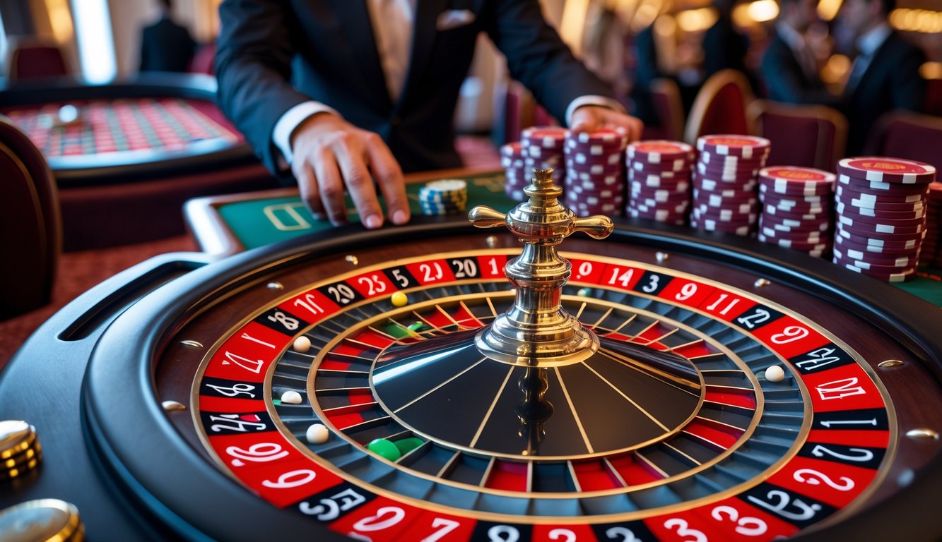 Meja roulette Prancis dengan roda roulette, tumpukan chip, dan dealer di kasino yang mewah.