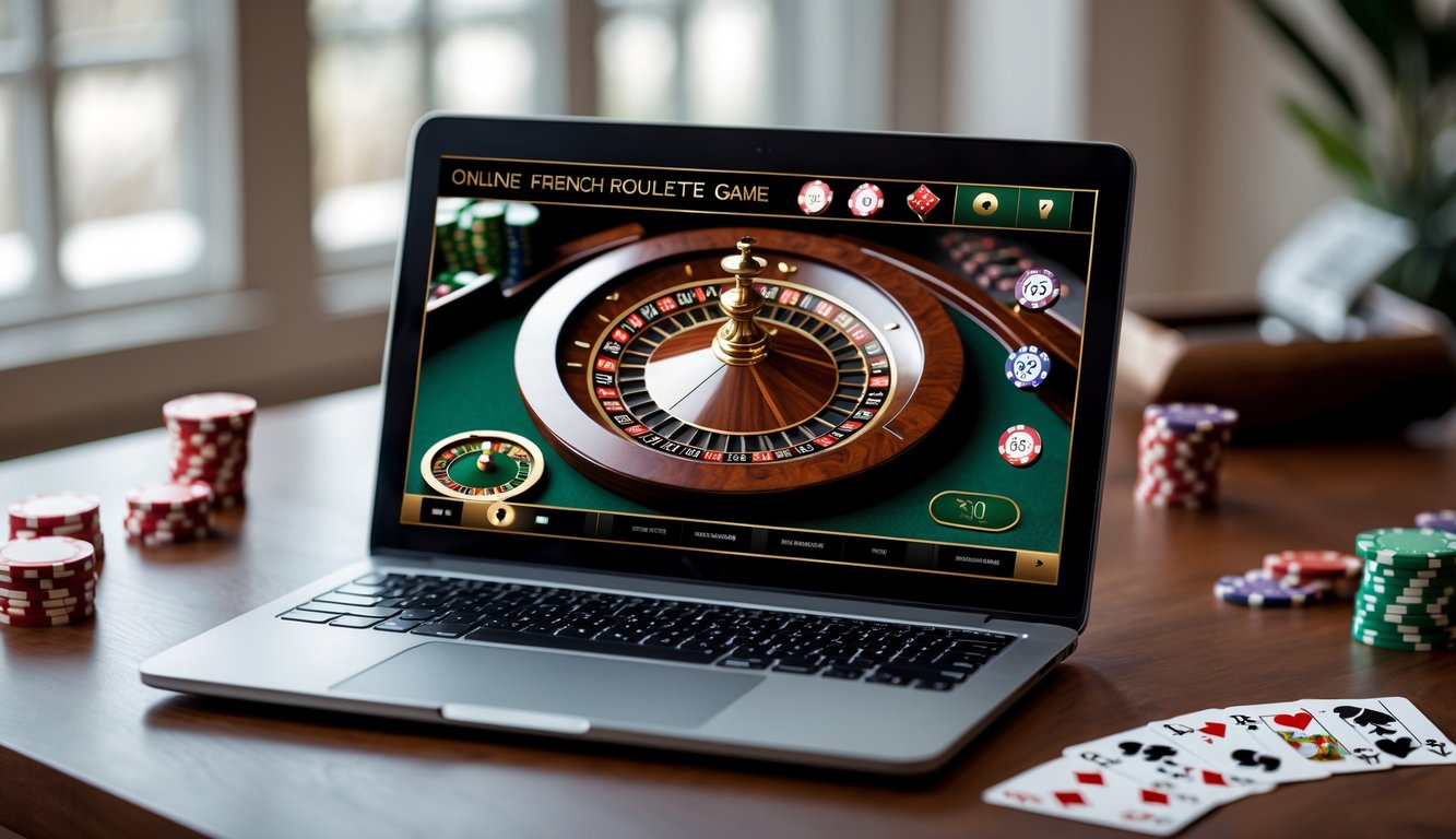Sebuah laptop di atas meja kayu menampilkan permainan roulette Prancis online dengan roda roulette dan chip poker di sekitarnya.