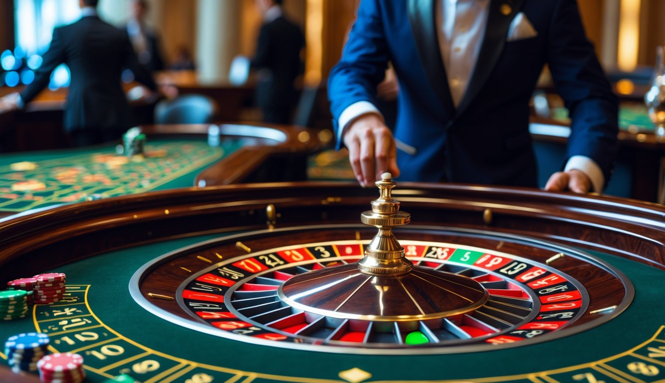 Seorang pemain profesional sedang bermain roulette Prancis di meja kasino yang mewah dengan dealer yang sedang memutar roda roulette.