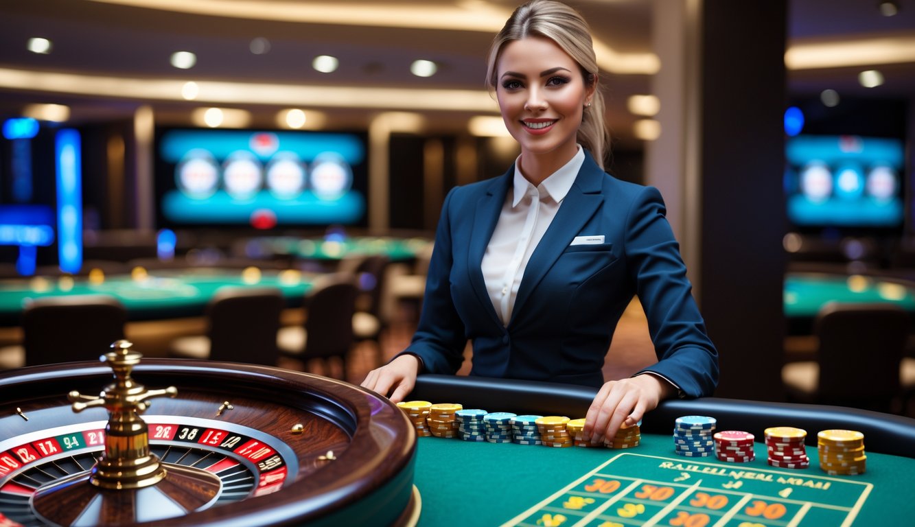 Seorang dealer wanita berdiri di belakang meja roulette dengan roda roulette yang berputar dan chip tertata rapi di meja kasino.