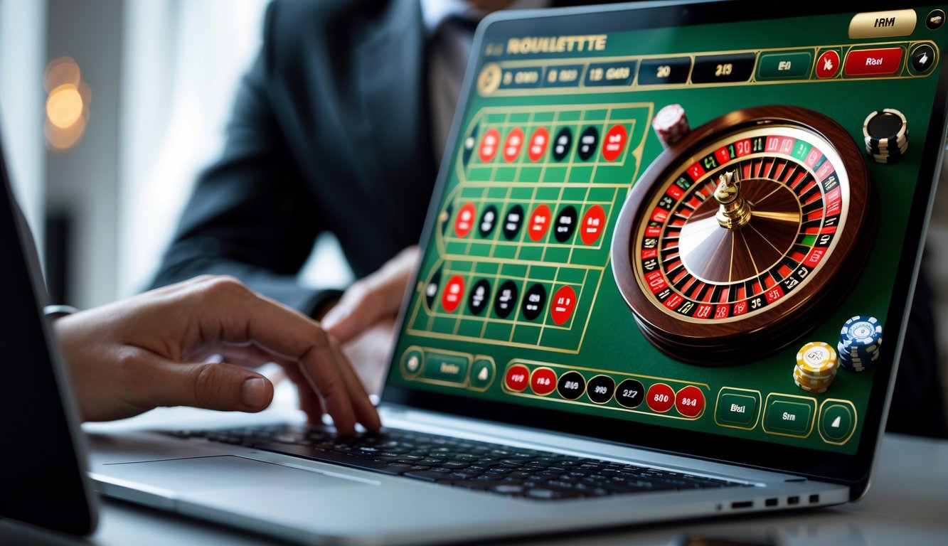 Seseorang menggunakan laptop dengan tampilan permainan roulette Prancis online yang menampilkan roda roulette dan meja taruhan.