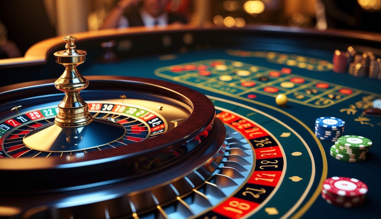Meja roulette Prancis dengan roda roulette berputar dan chip taruhan di kasino yang mewah.