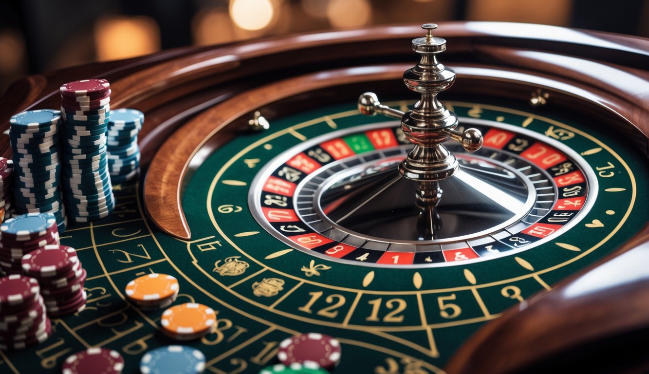 Meja roulette Prancis eksklusif dengan roda roulette dan chip warna-warni di atas meja hijau.