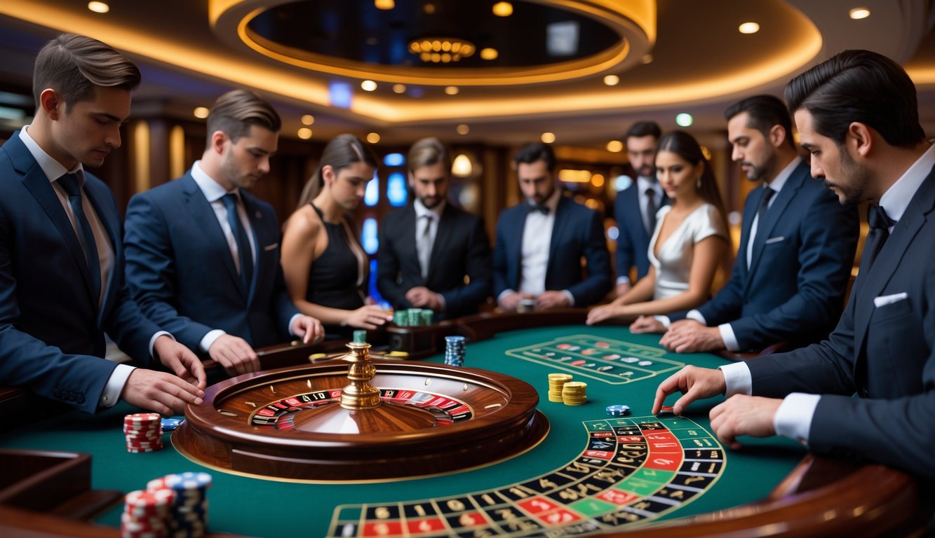 Meja roulette Prancis dengan pemain yang sedang memasang taruhan di dalam kasino mewah.