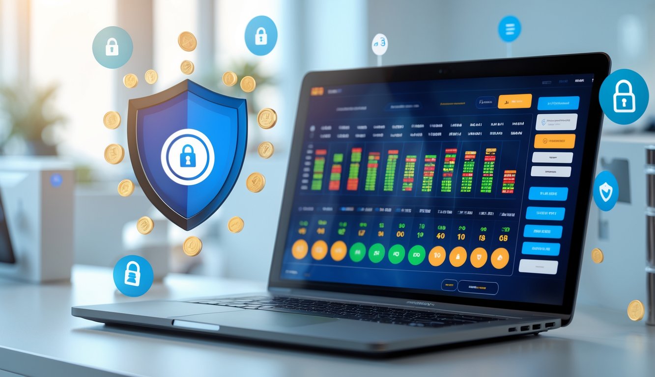 Seorang profesional menggunakan laptop di meja kerja dengan tampilan antarmuka lotere digital dan simbol keamanan di sekitar.