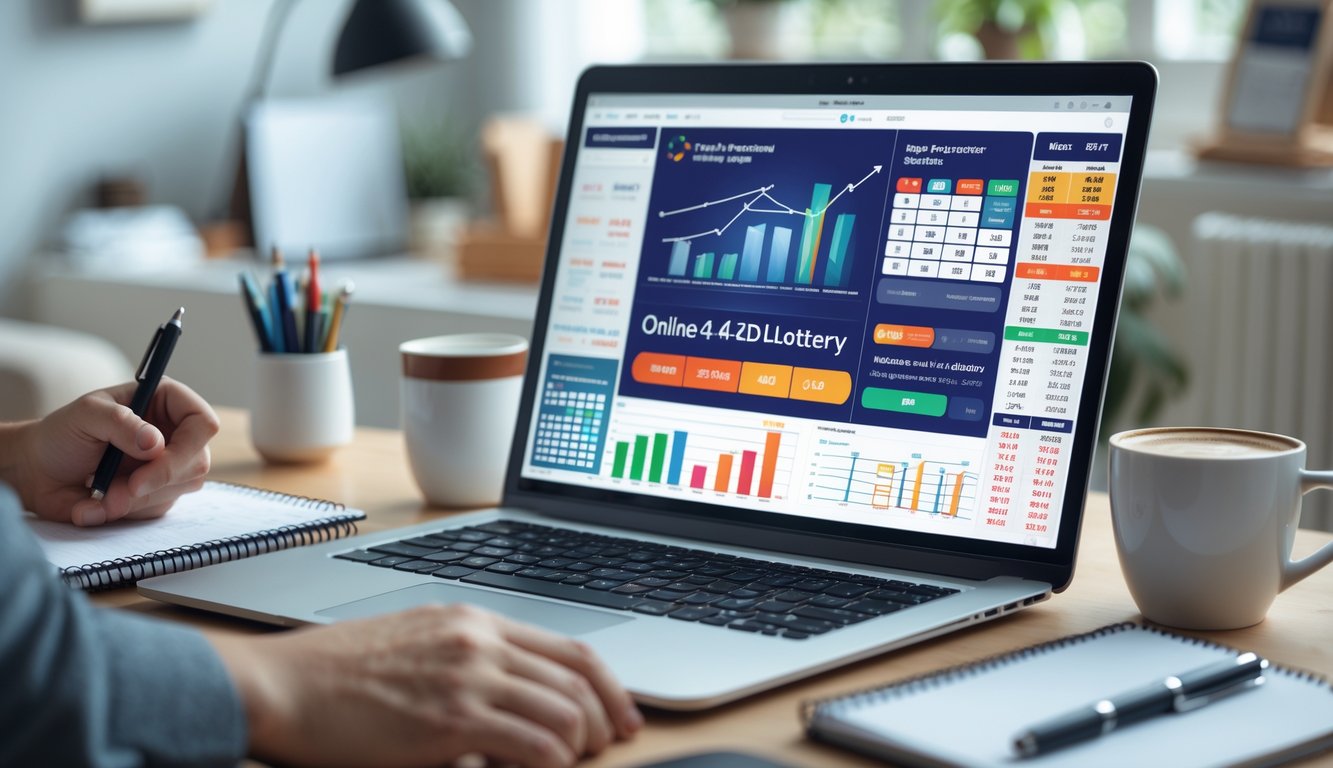 Seorang pemula muda sedang belajar tentang togel 4D online menggunakan laptop di ruang kerja yang nyaman dengan meja yang rapi dan alat tulis.