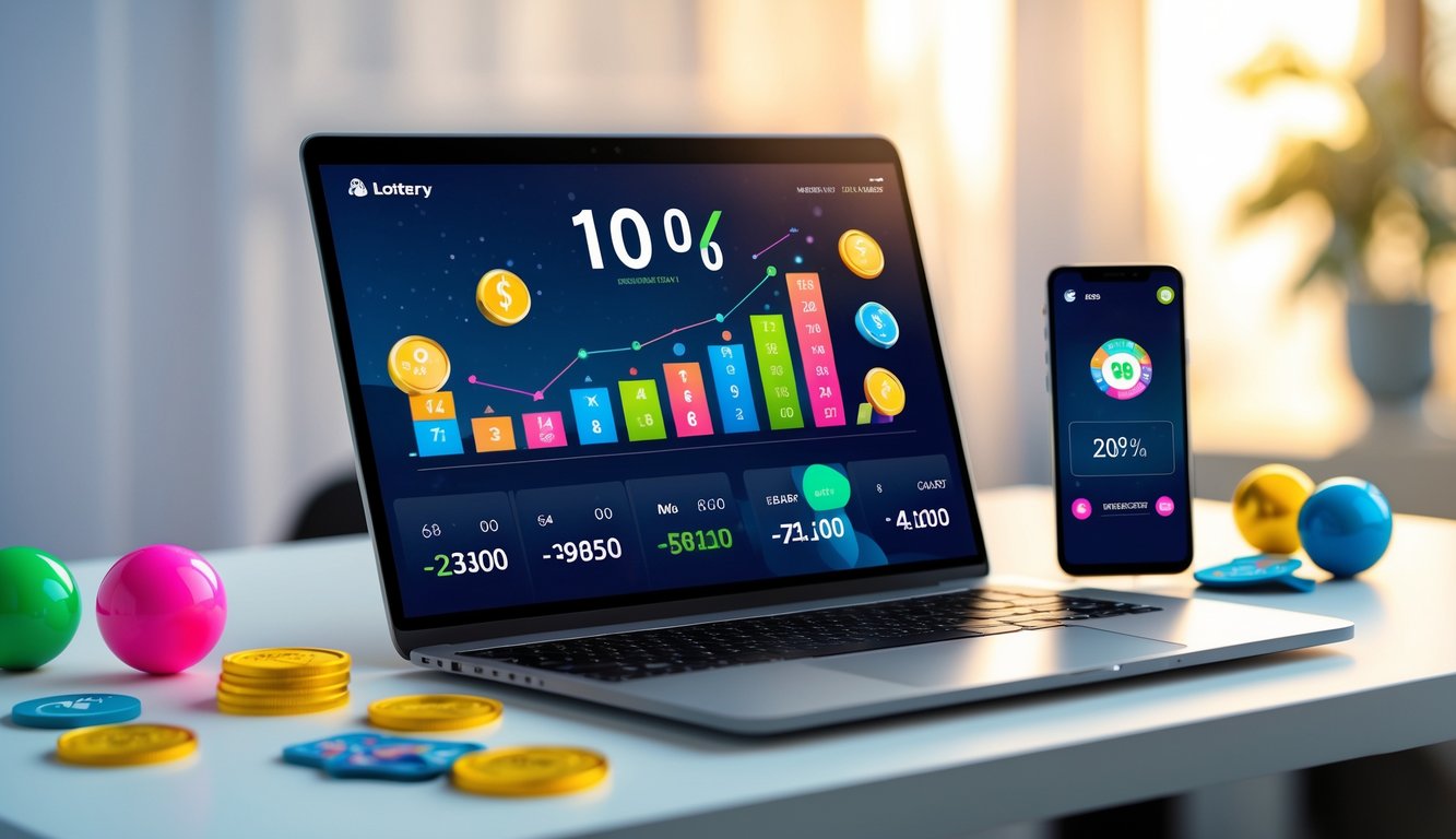 Seorang pria menggunakan laptop dan smartphone di meja dengan layar menampilkan antarmuka permainan lotre online, dikelilingi oleh bola lotre dan koin.