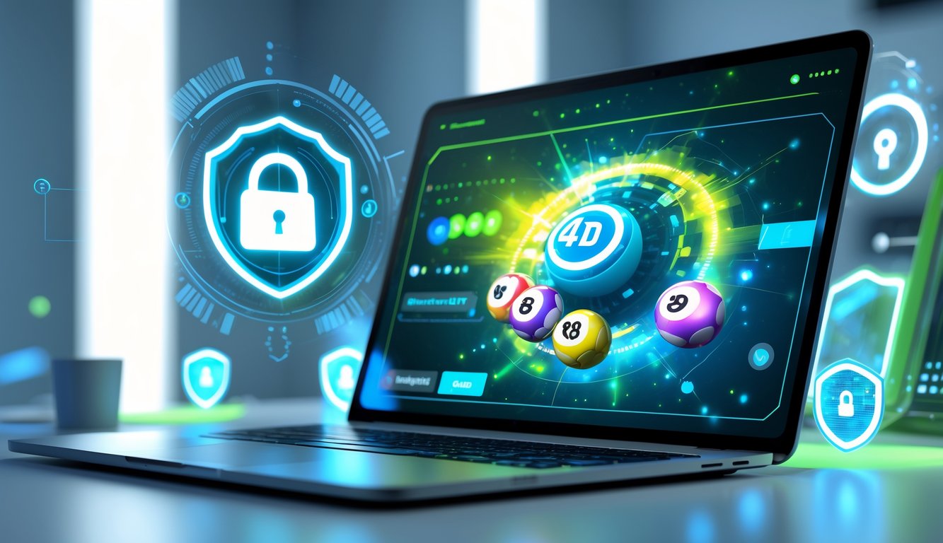 Sebuah komputer di meja dengan tampilan antarmuka digital dan ikon keamanan yang melambangkan sistem keamanan tinggi pada situs togel online.