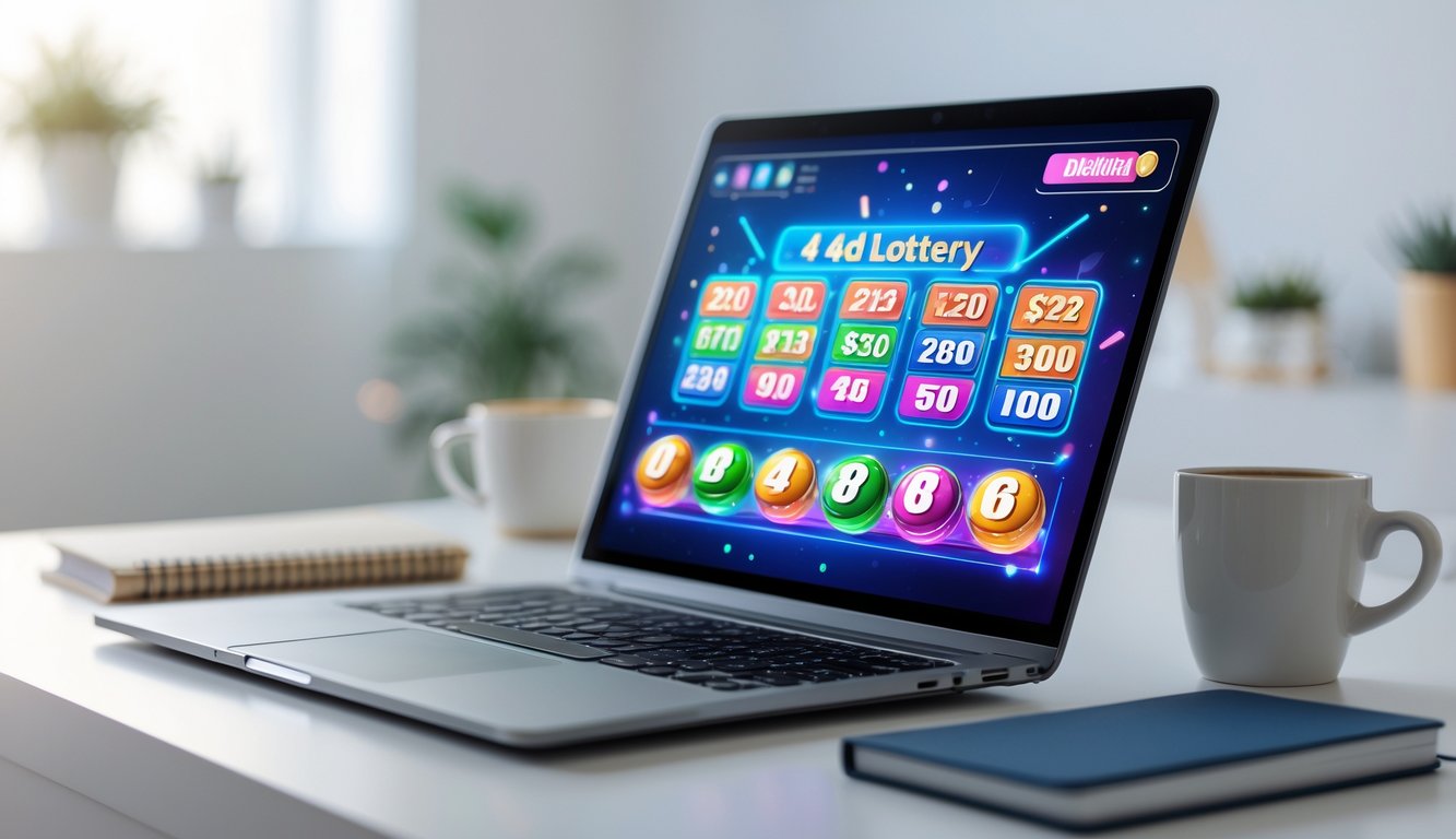 Seseorang menggunakan laptop dengan tampilan antarmuka lotere online di meja yang rapi dan terang.