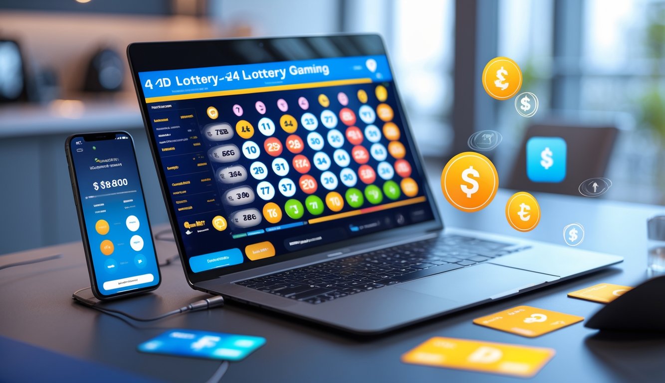 Seorang pengguna sedang bermain lotere online 4D dengan laptop dan smartphone di meja kerja yang rapi.