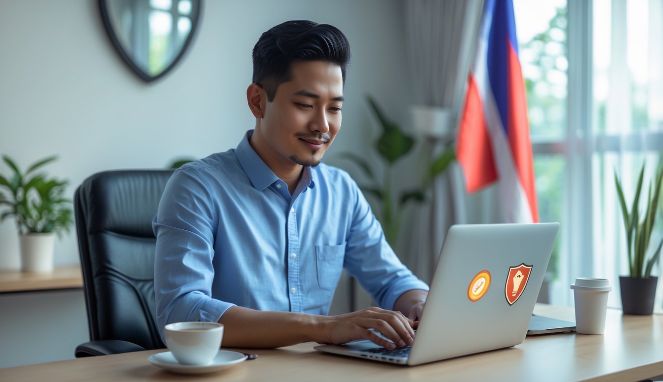 Seorang pria Indonesia menggunakan laptop di ruang kerja rumah yang terang dan rapi, tampak fokus saat mengakses situs togel online yang terpercaya.