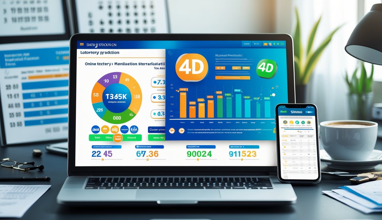 Meja kerja dengan laptop dan ponsel yang menampilkan grafik dan data statistik terkait prediksi togel online.