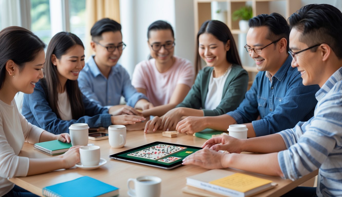 Sekelompok orang bermain Mahjong secara online menggunakan tablet di ruangan yang terang dan nyaman.