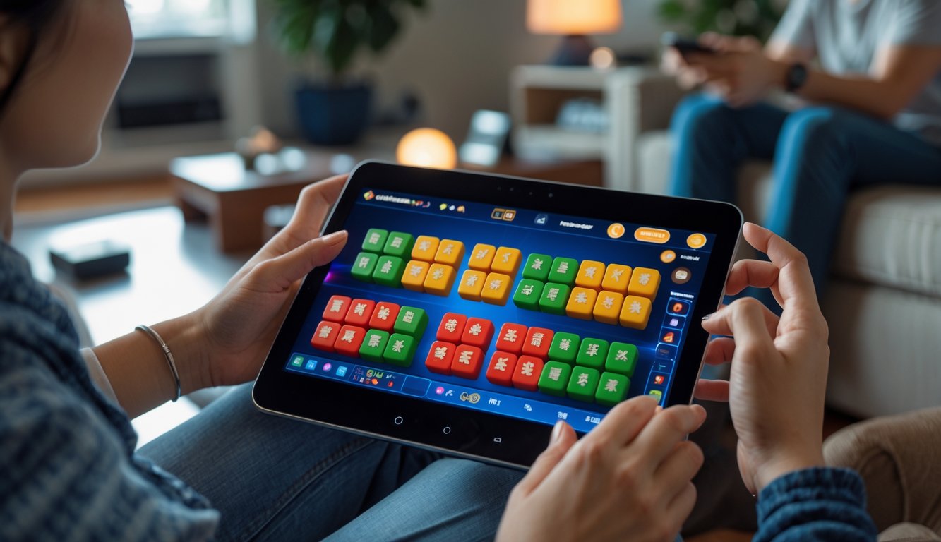 Seorang pemain sedang bermain Mahjong online di perangkat layar sentuh dengan latar belakang ruangan nyaman dan pencahayaan hangat.