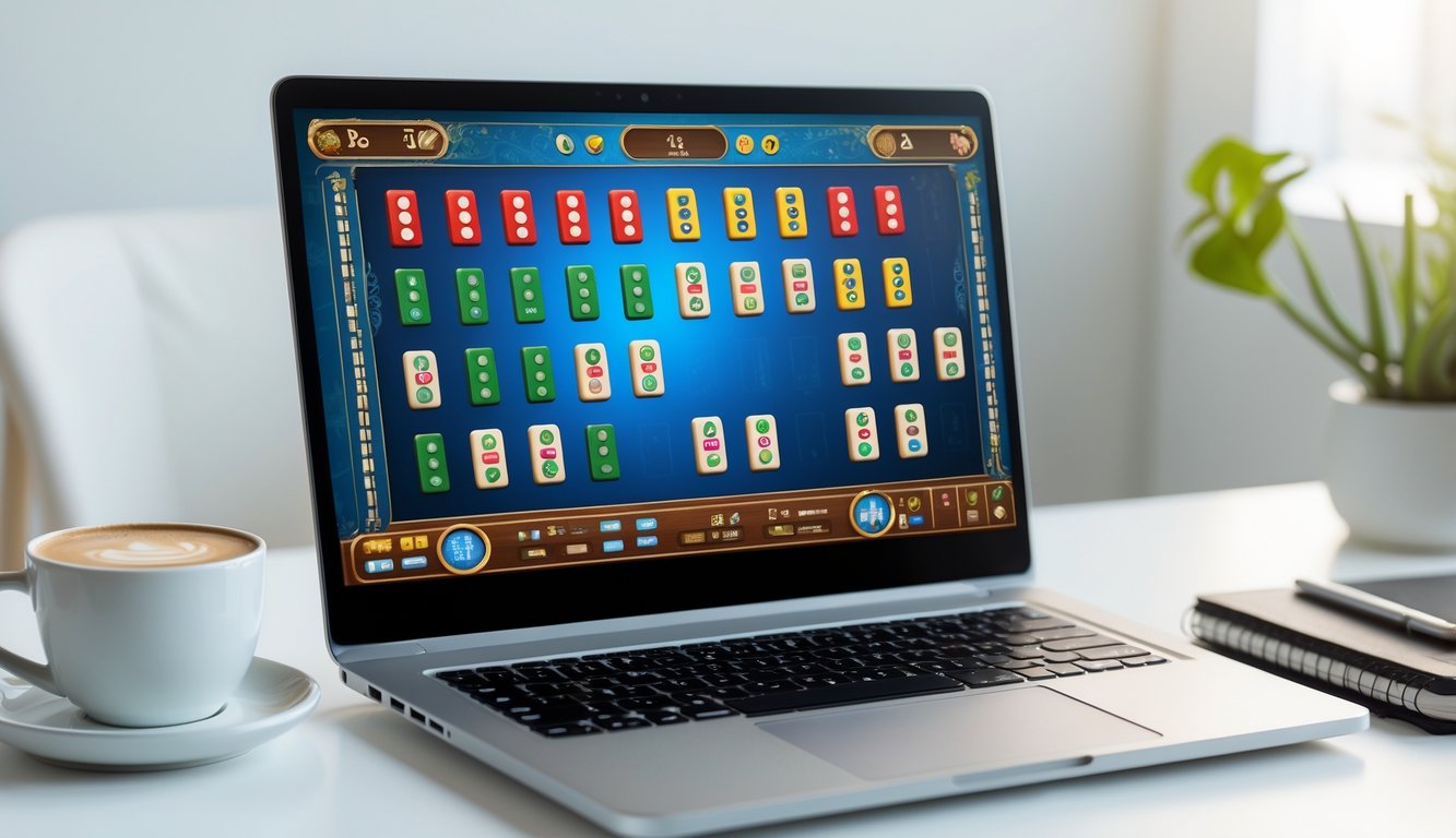 Layar laptop yang menampilkan permainan Mahjong online dengan berbagai mode permainan, di atas meja kerja dengan secangkir kopi dan tanaman kecil.