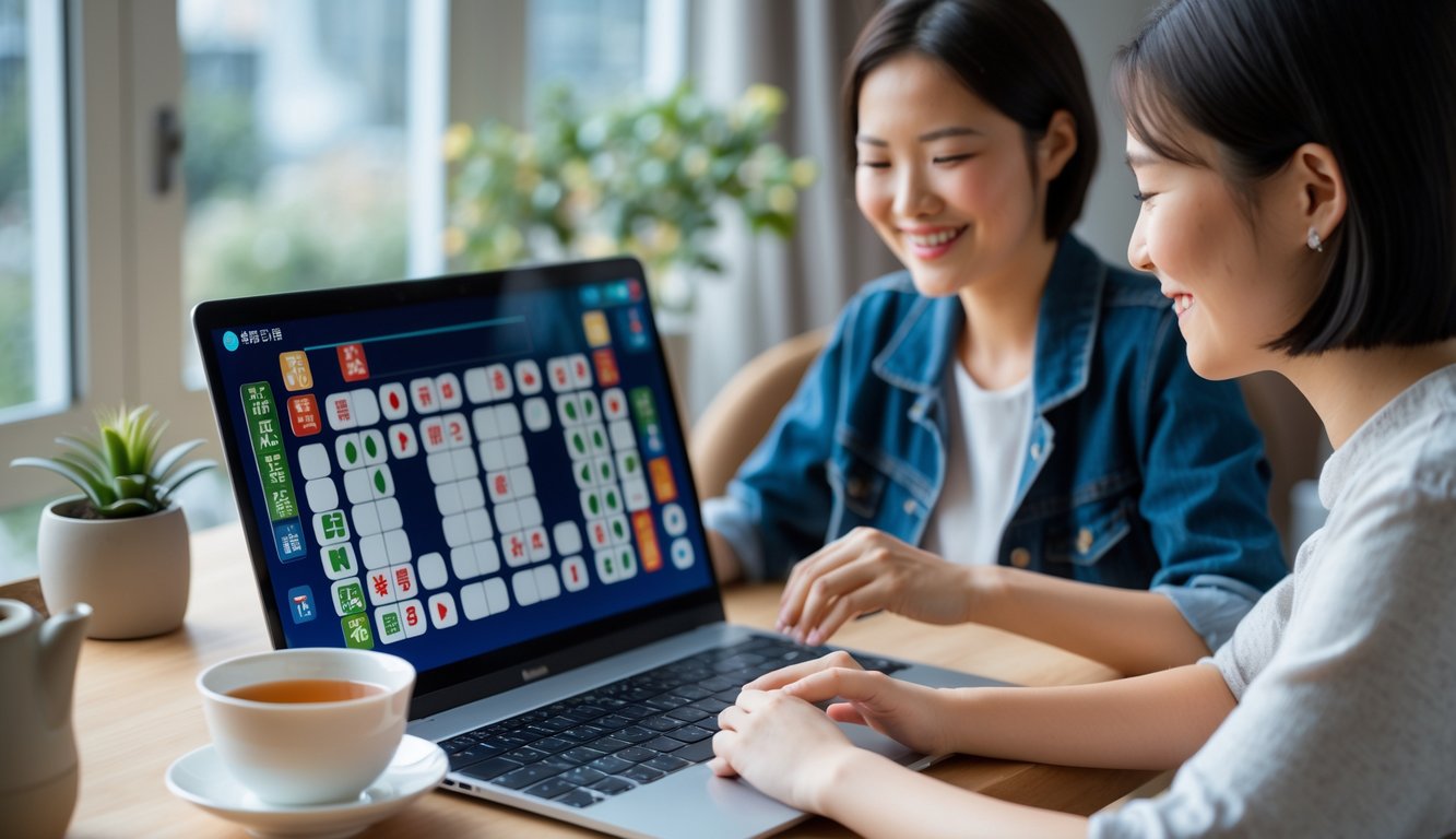 Dua orang sedang bermain Mahjong online di laptop di dalam ruangan yang nyaman.