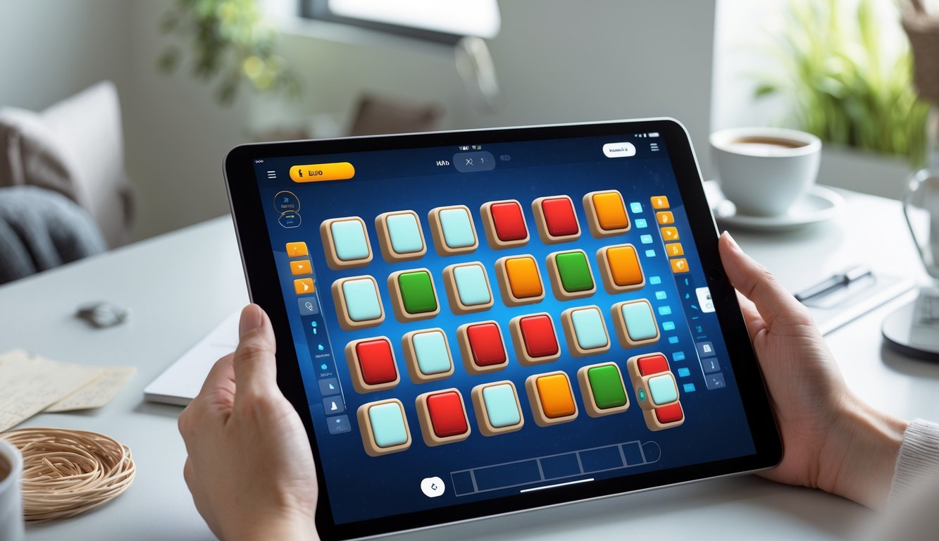 Seseorang memegang tablet yang menampilkan permainan Mahjong online dengan desain visual menarik di dalam ruangan yang nyaman.