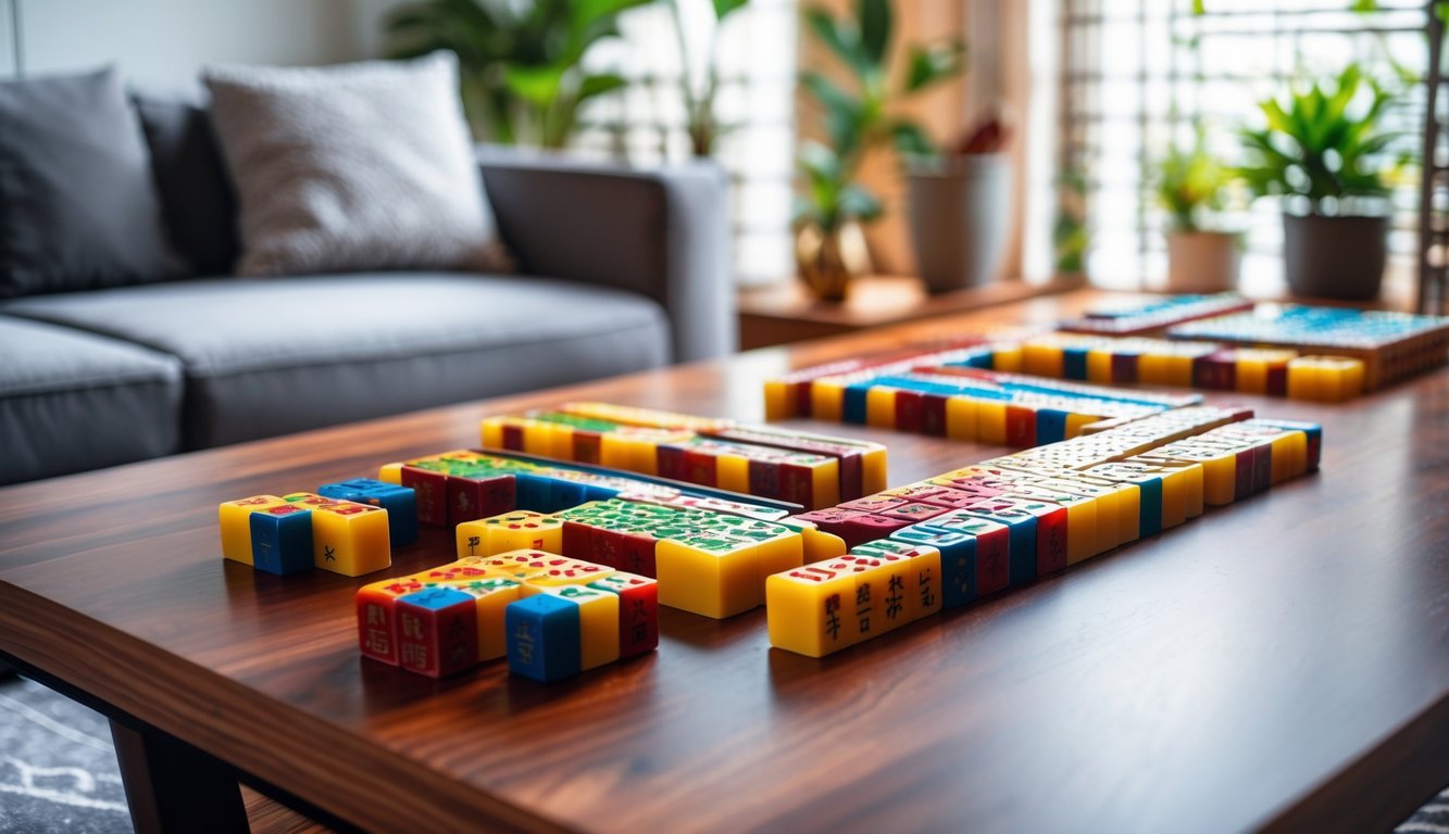 Meja kayu dengan permainan mahjong sedang dimainkan di ruang tamu yang nyaman dengan cahaya alami.