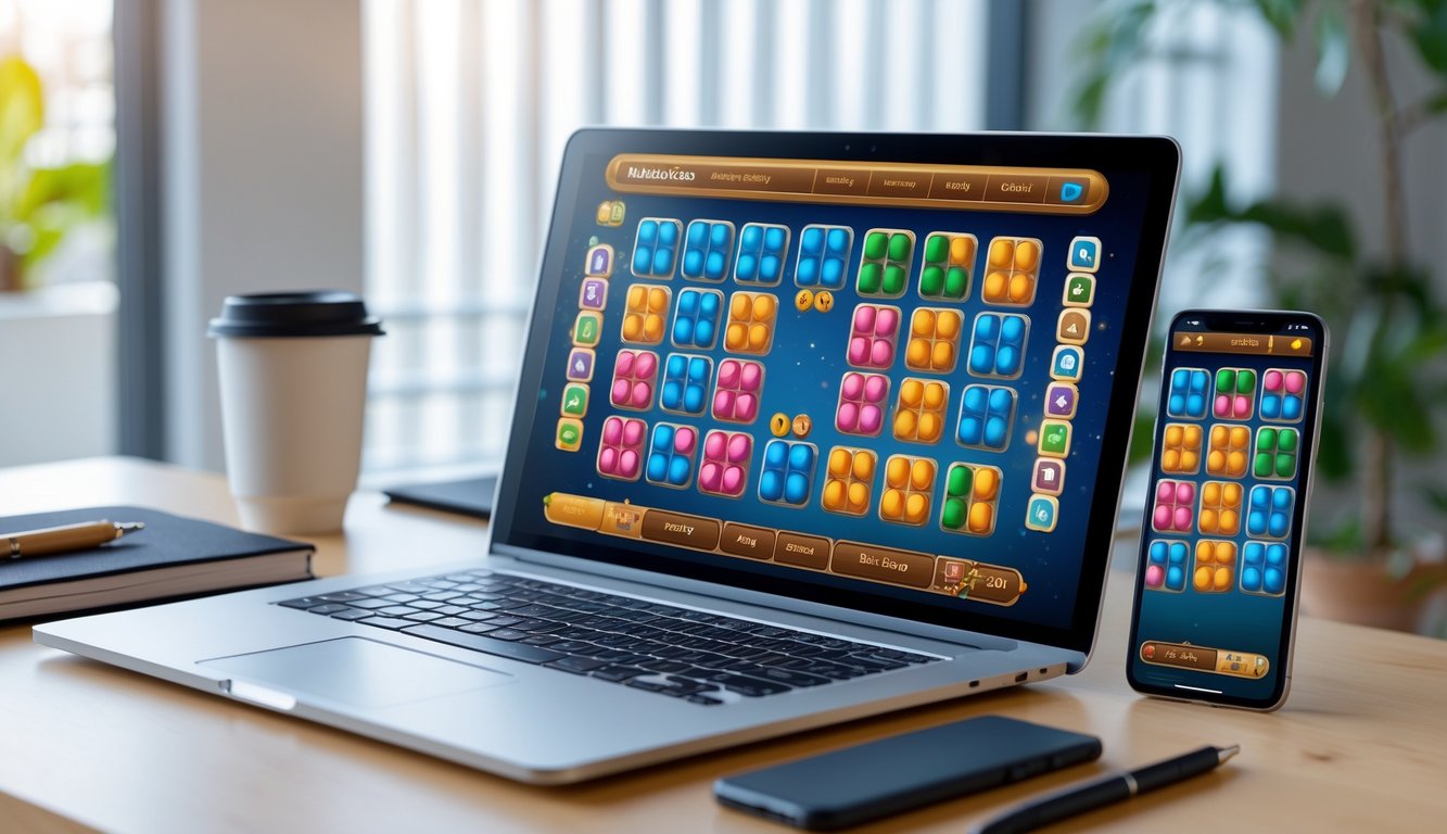 Meja kerja dengan laptop dan ponsel yang menampilkan permainan Mahjong 2 online, dikelilingi oleh alat tulis dan cangkir kopi.