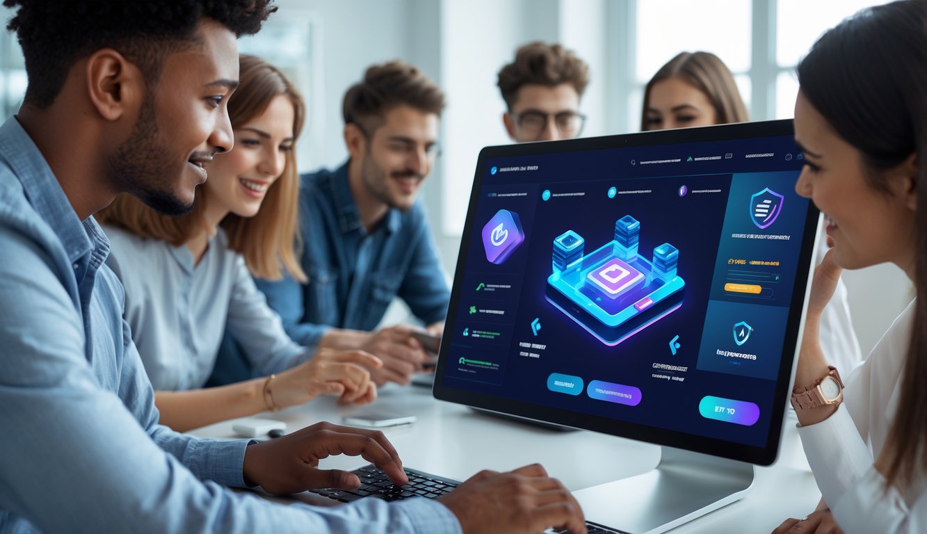 Beberapa orang muda sedang menggunakan perangkat digital dengan antarmuka permainan online yang modern dan terpercaya di ruangan terang.