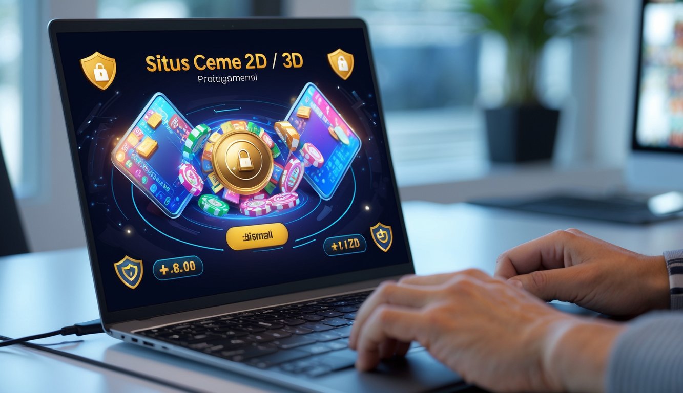 Seseorang menggunakan laptop dan ponsel dengan tampilan permainan kartu 2D dan 3D di meja kerja yang rapi.