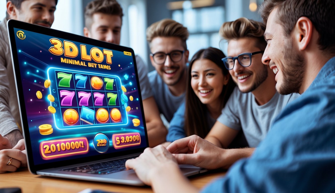 Beberapa orang muda sedang bermain permainan lotere 2D dan 3D secara online dengan antusias di sebuah perangkat digital di lingkungan rumah atau kafe yang terang.