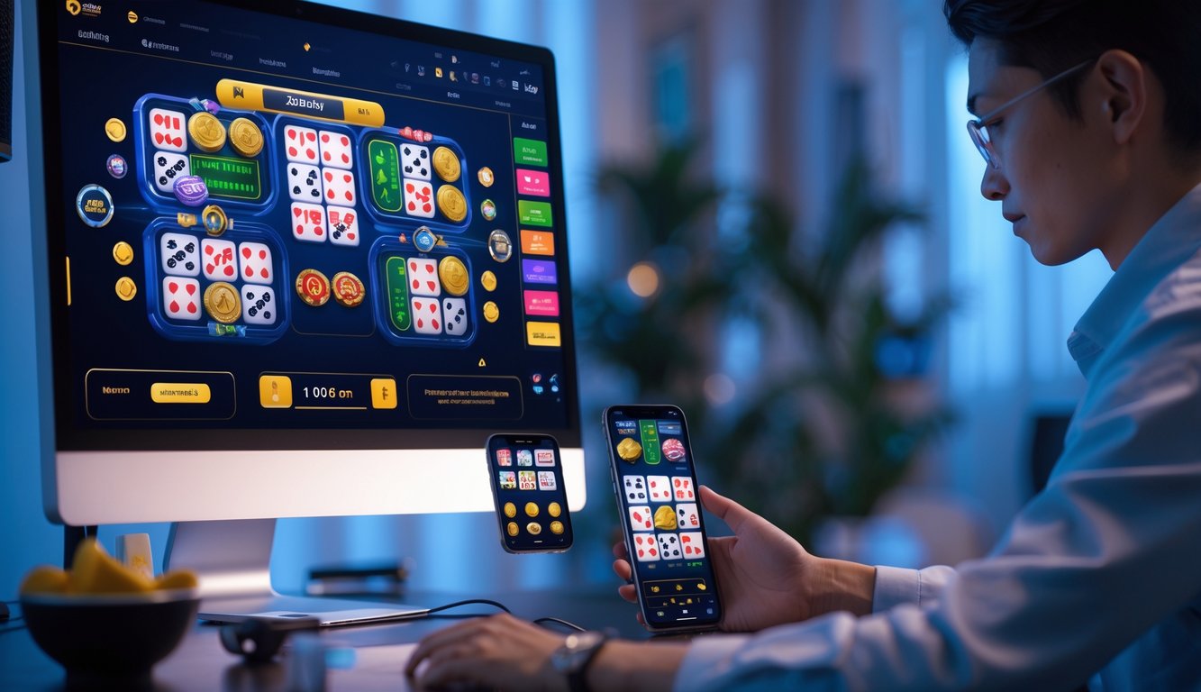 Seseorang menggunakan komputer dan ponsel untuk bermain permainan judi Ceme 2D dan 3D secara online di ruangan dengan pencahayaan hangat.