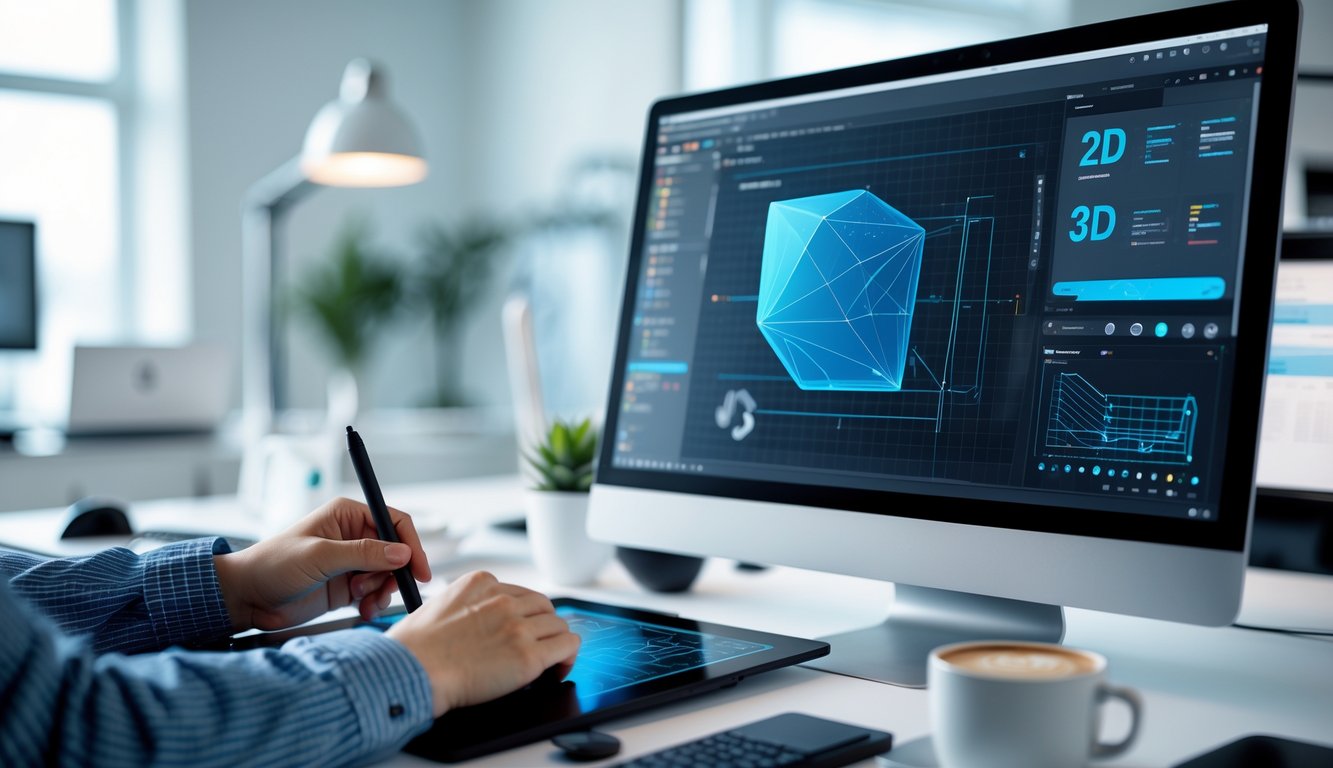 Seorang profesional bekerja dengan komputer dan tablet grafis menampilkan desain 2D dan 3D di ruang kantor yang rapi dan terang.