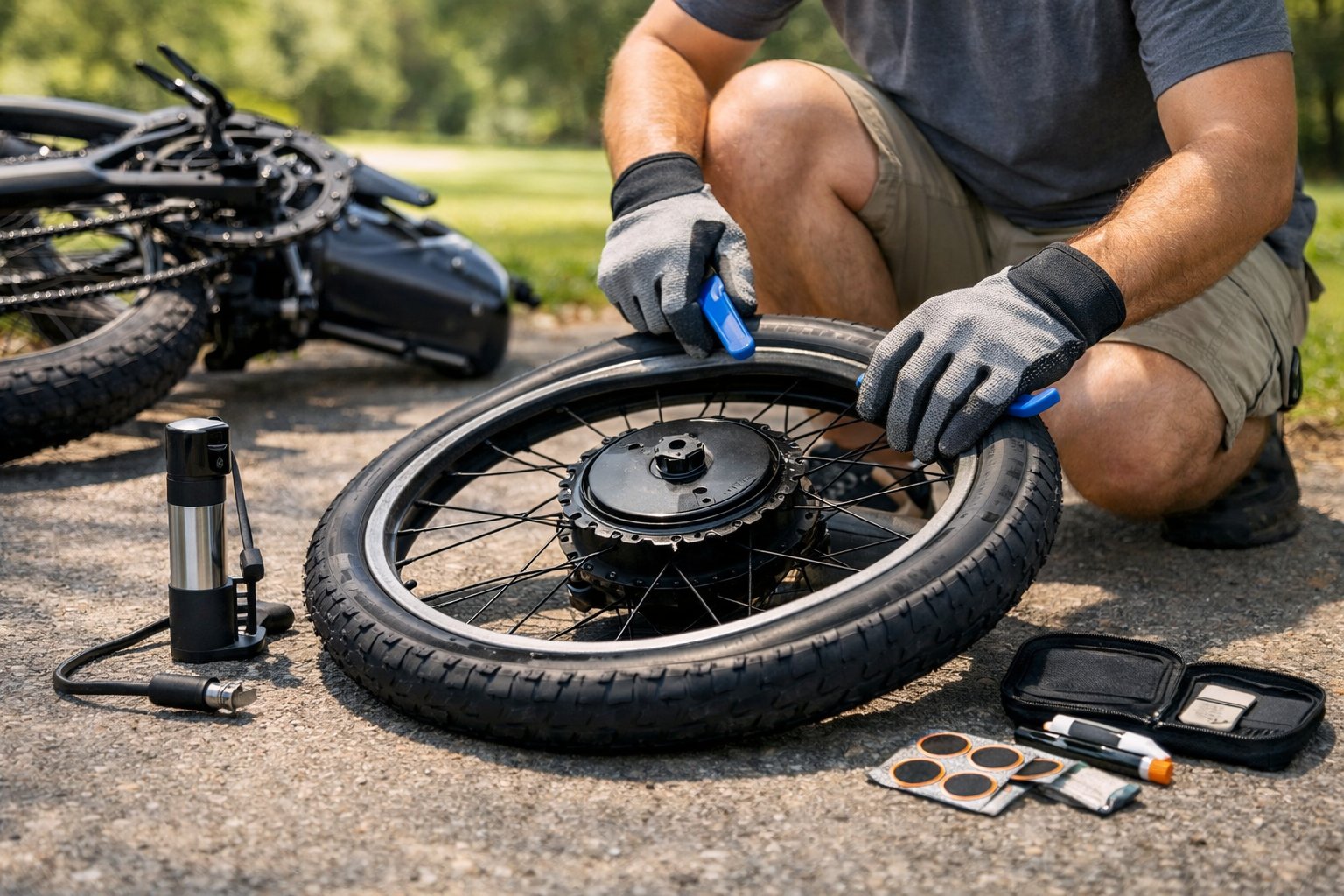 Person repairing a flat tire on an electric bike outdoors, using tools to remove the tire from the wheel.