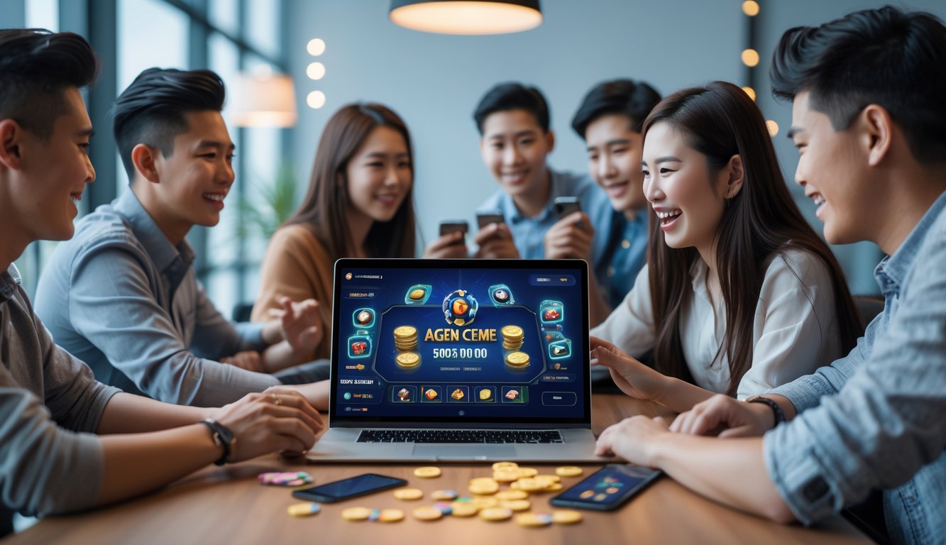 Sekelompok orang muda bermain permainan kartu online di laptop dan ponsel di ruangan yang terang dan modern.